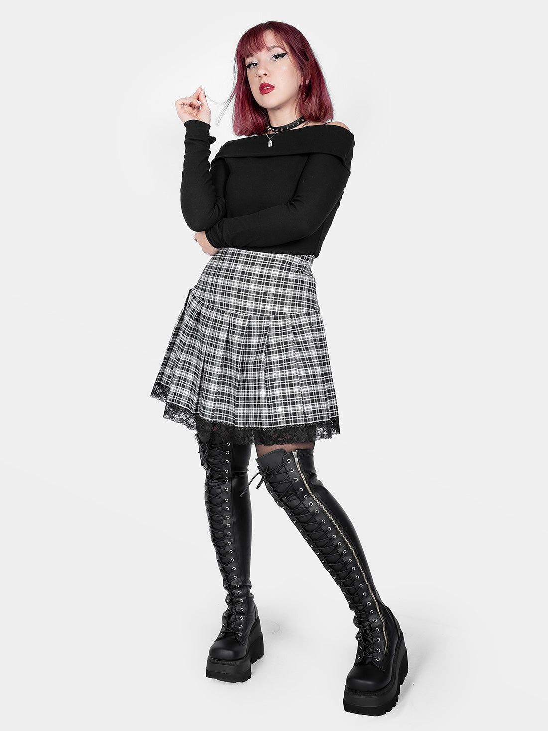 Black and White Plaid Pleated Skirt With Lace