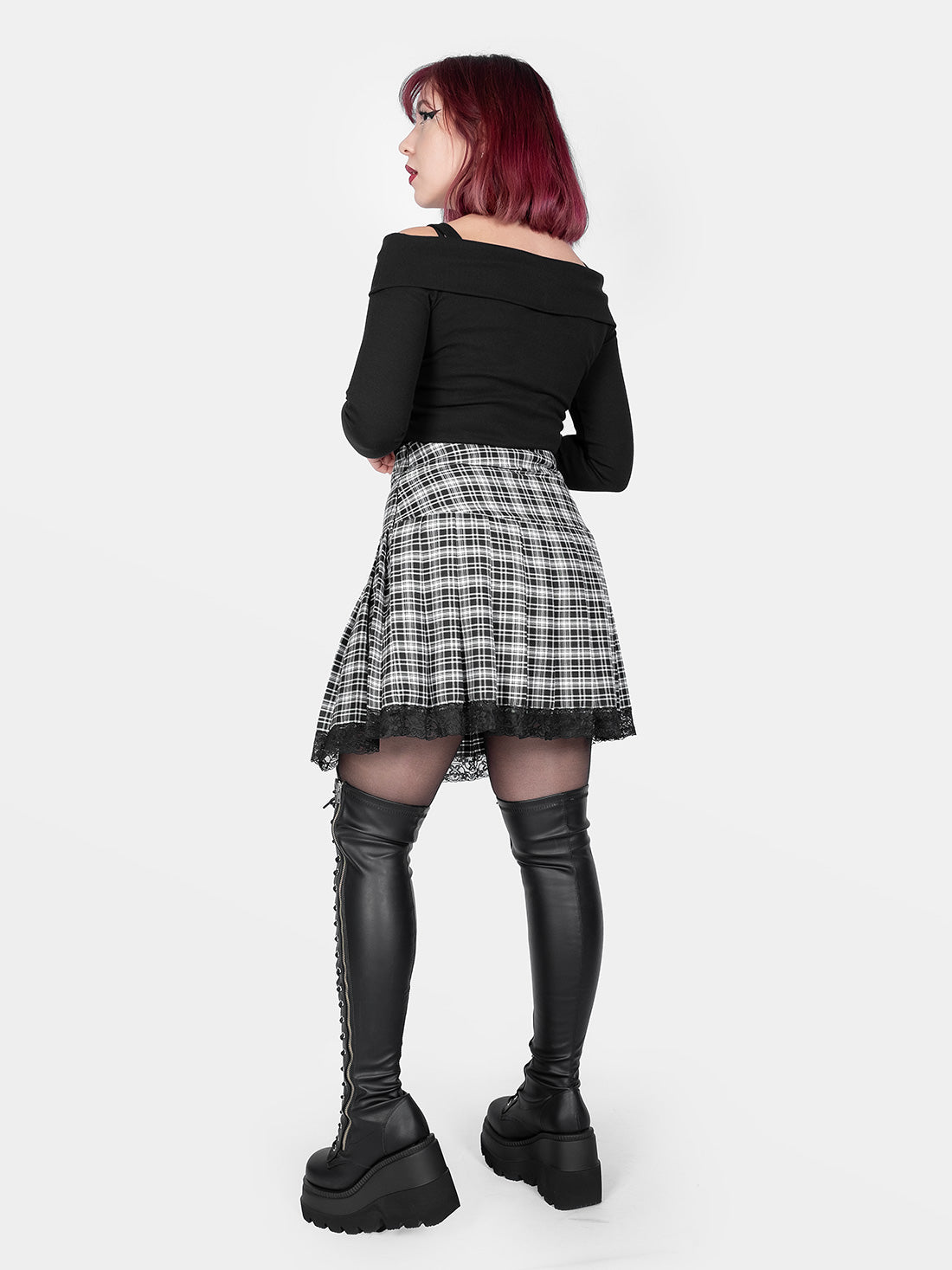 Black and White Plaid Pleated Skirt With Lace
