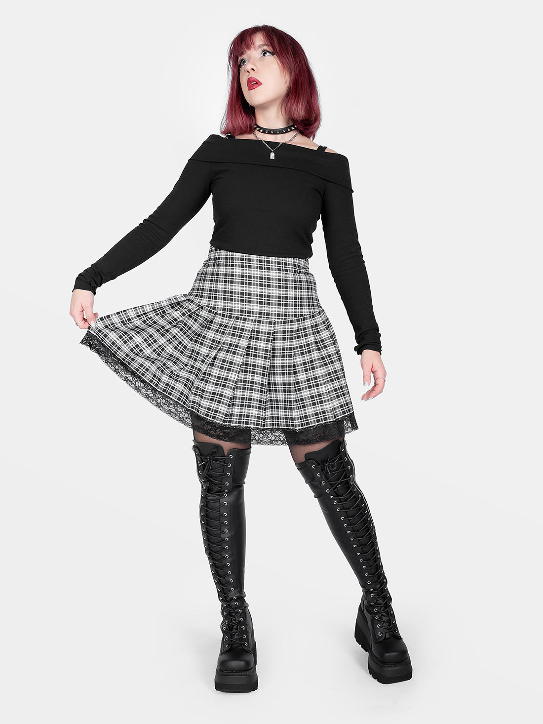 Black and White Plaid Pleated Skirt With Lace