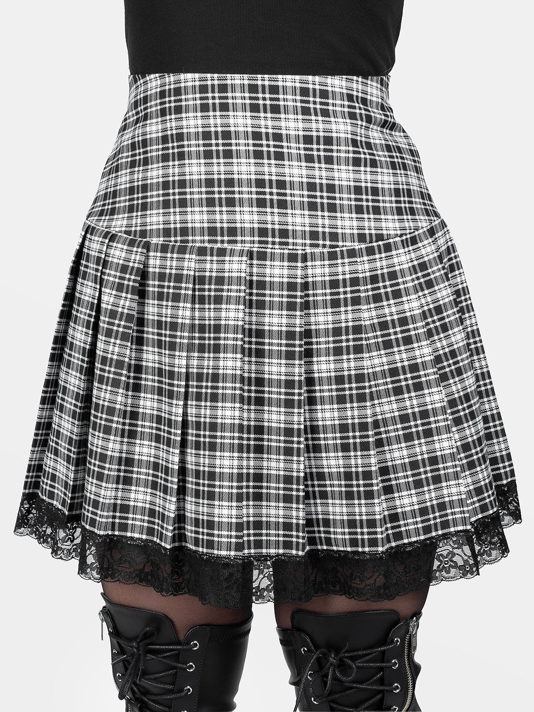 Black and White Plaid Pleated Skirt With Lace