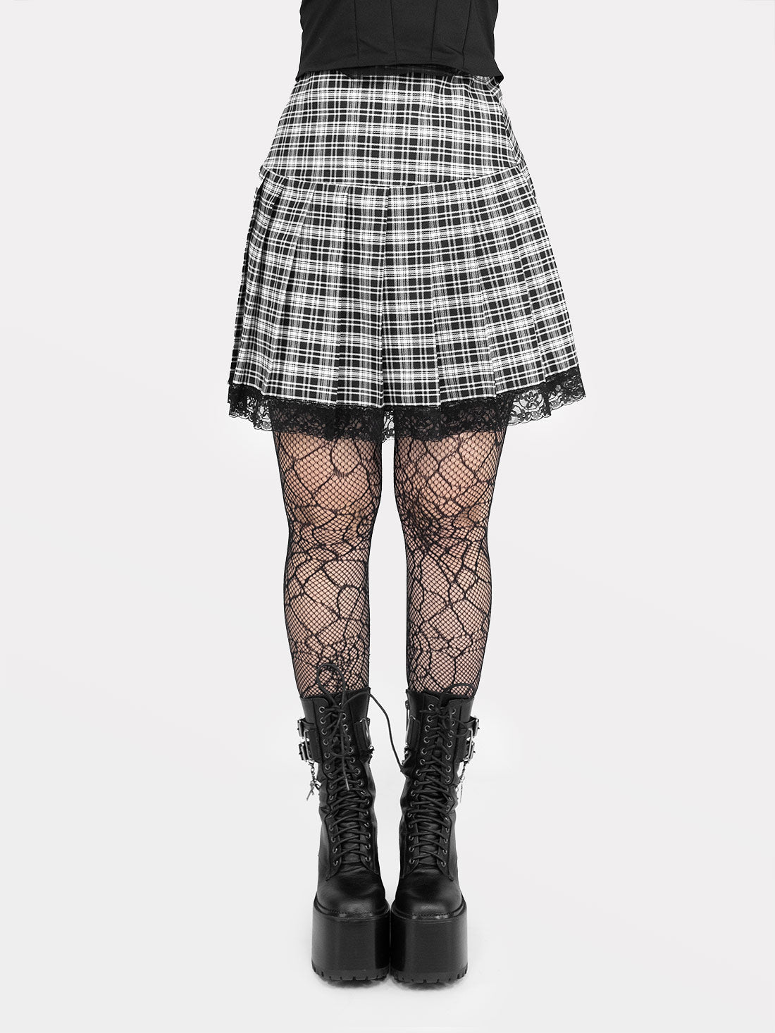 Black and White Plaid Pleated Skirt With Lace