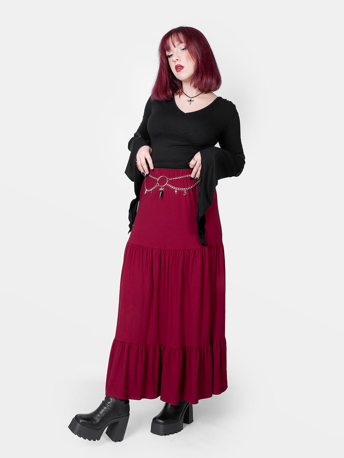 Oblivion Burgundy Ruffled Maxi Skirt