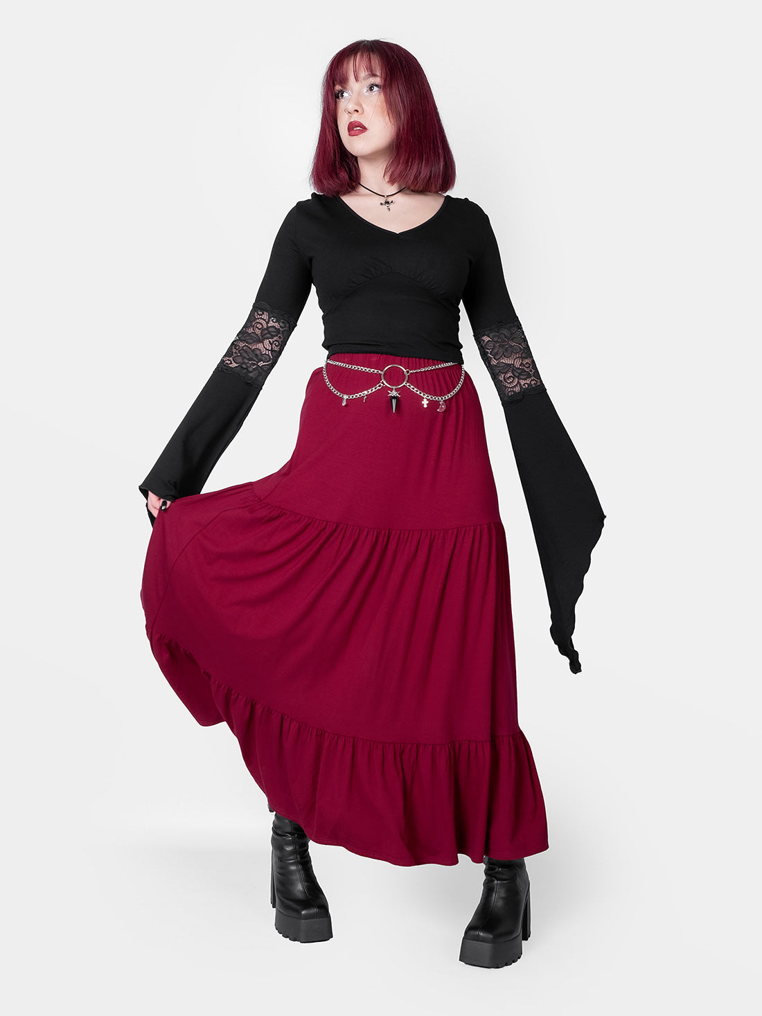 Oblivion Burgundy Ruffled Maxi Skirt