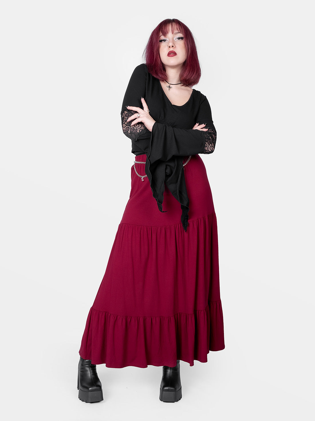 Oblivion Burgundy Ruffled Maxi Skirt