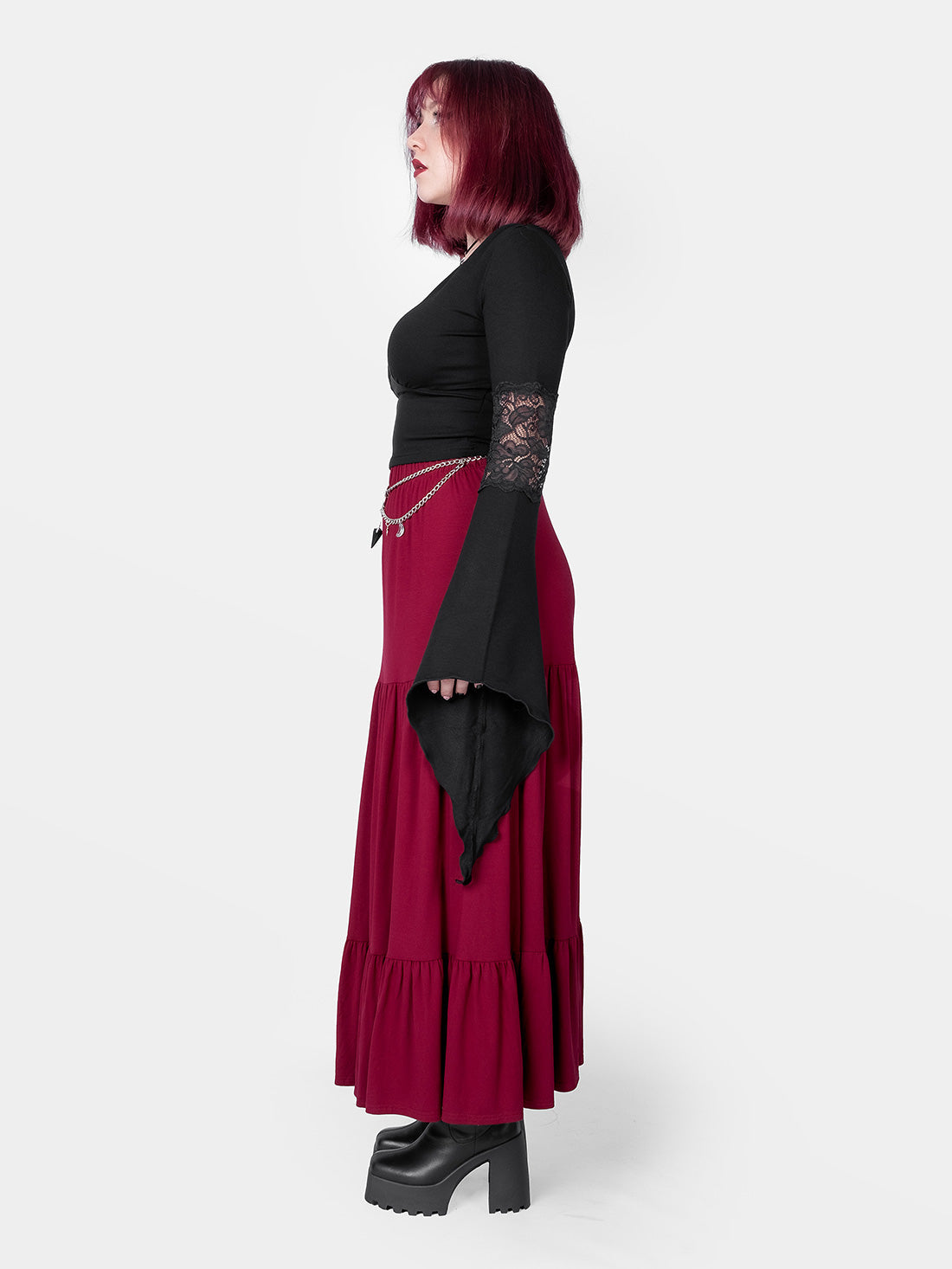 Oblivion Burgundy Ruffled Maxi Skirt