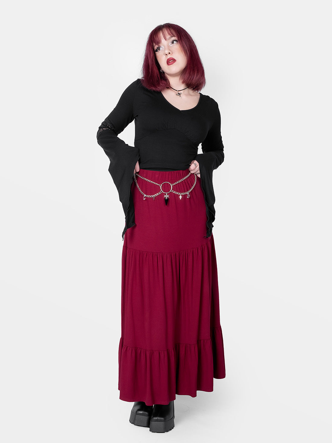 Oblivion Burgundy Ruffled Maxi Skirt