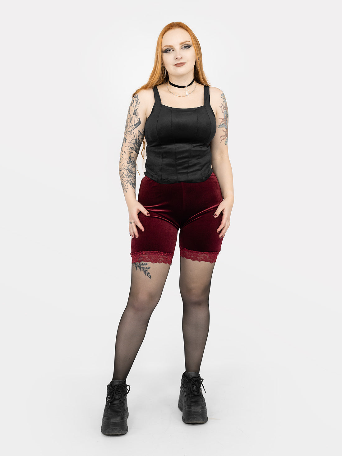 Surreal Burgundy Velvet Shorts with Lace
