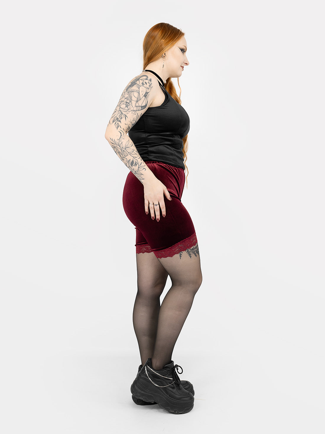 Surreal Burgundy Velvet Shorts with Lace