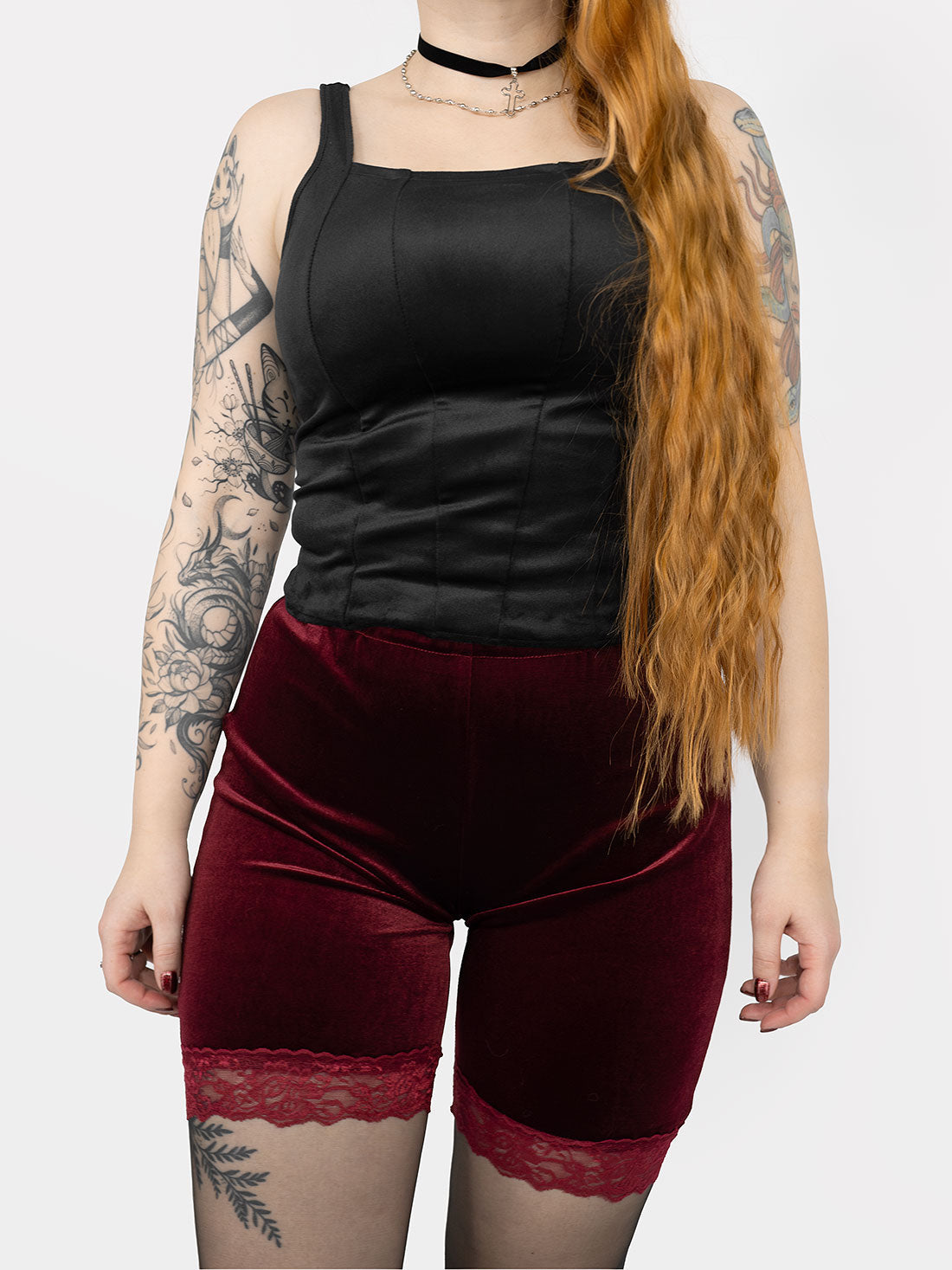 Surreal Burgundy Velvet Shorts with Lace
