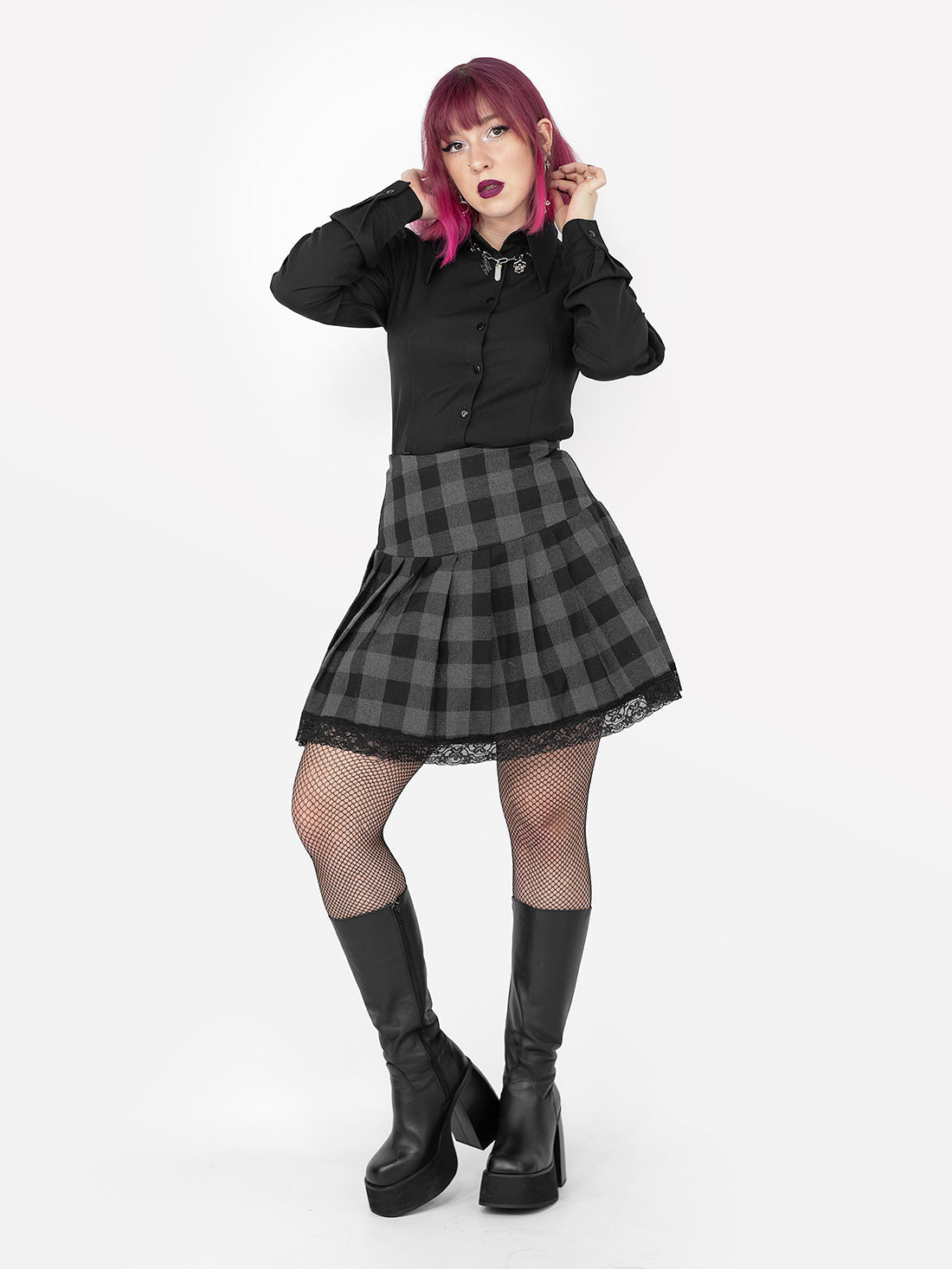 Grey Plaid Pleated Skirt With Lace
