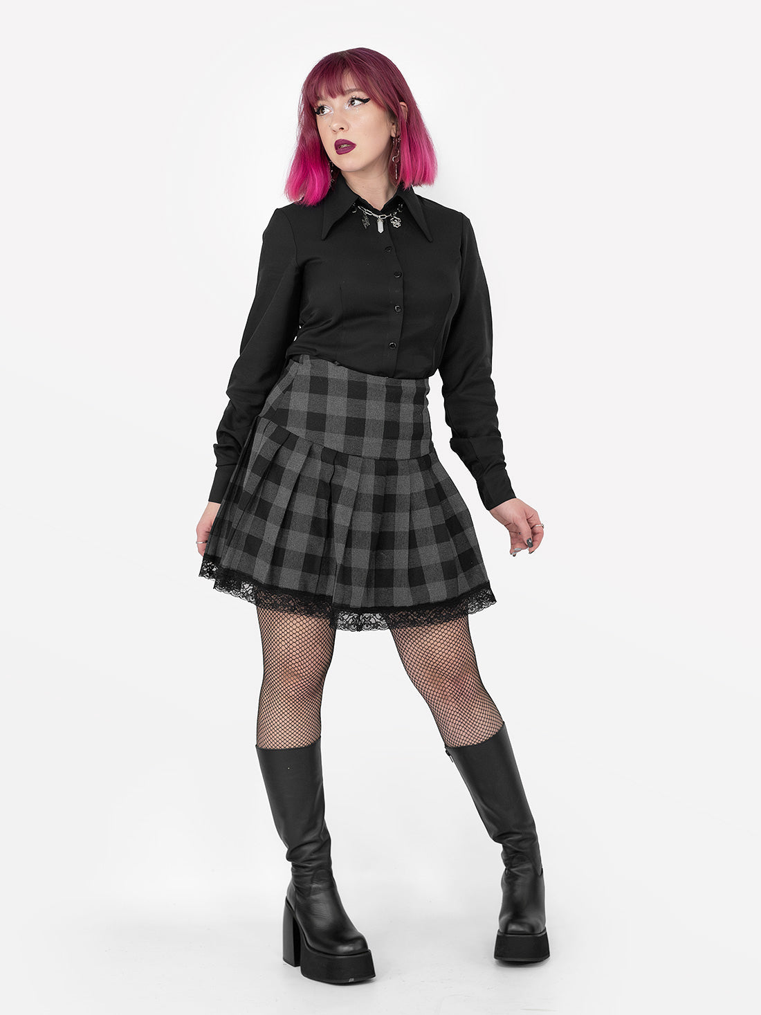 Grey Plaid Pleated Skirt With Lace