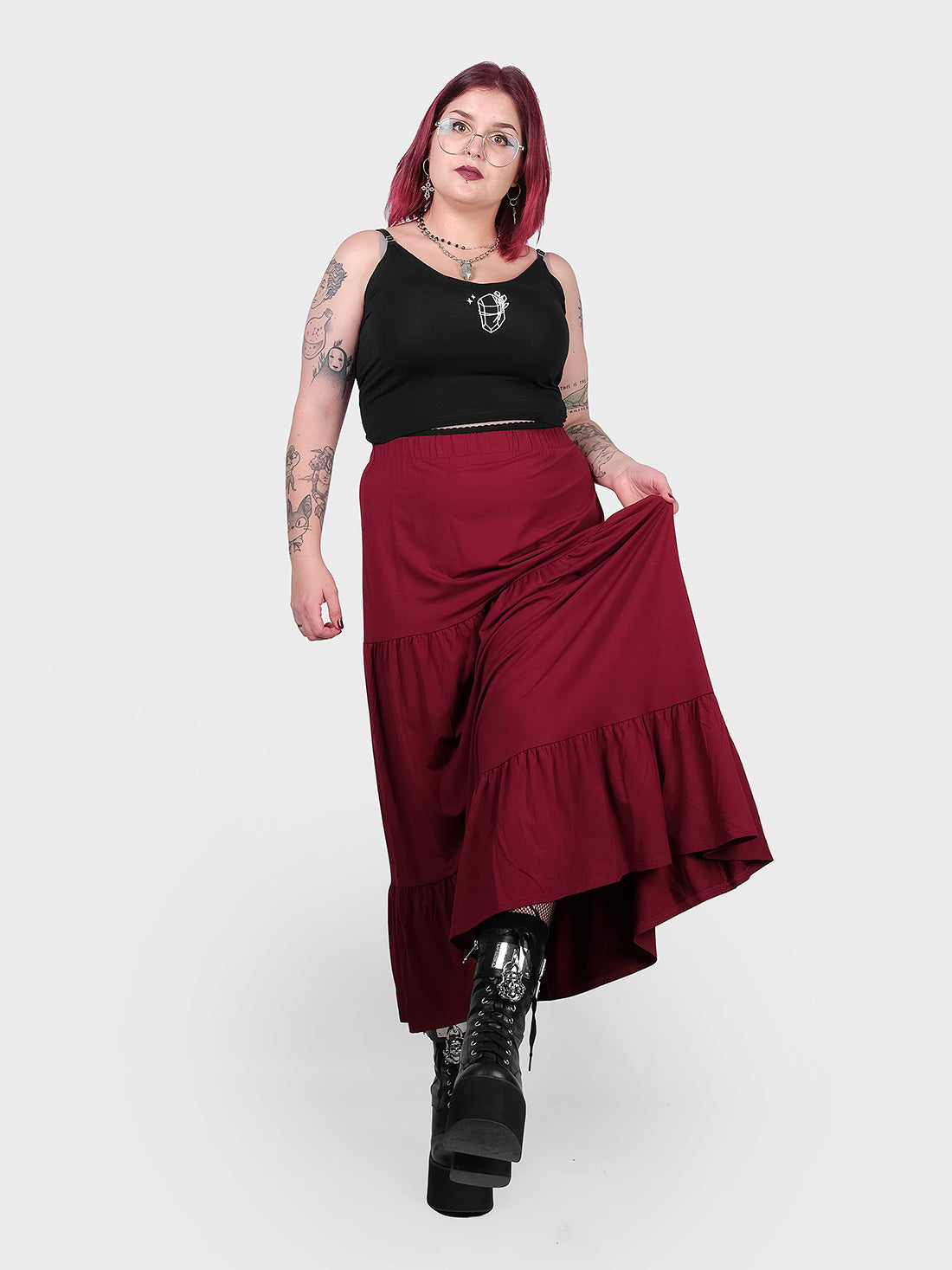 Oblivion Burgundy Ruffled Maxi Skirt