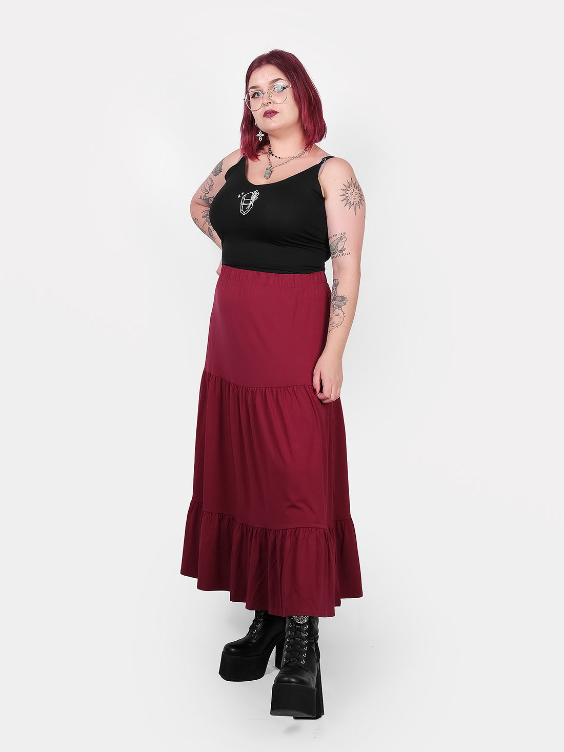 Oblivion Burgundy Ruffled Maxi Skirt