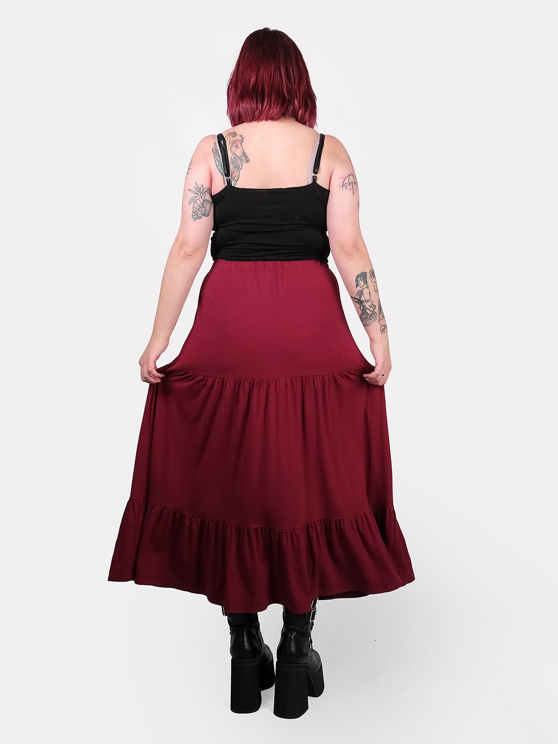 Oblivion Burgundy Ruffled Maxi Skirt