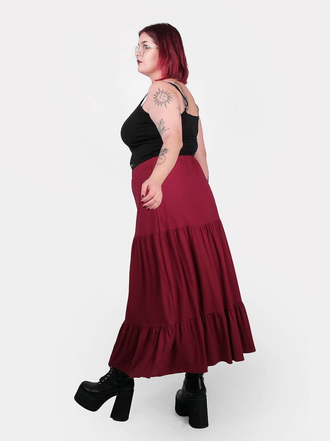 Oblivion Burgundy Ruffled Maxi Skirt