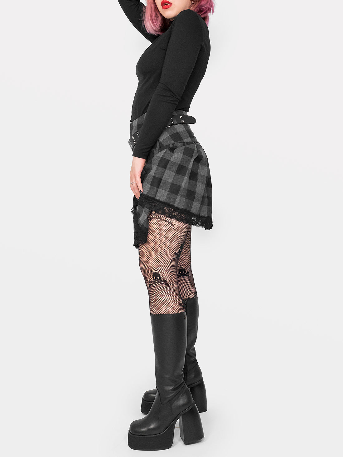 Grey Plaid Pleated Skirt With Lace
