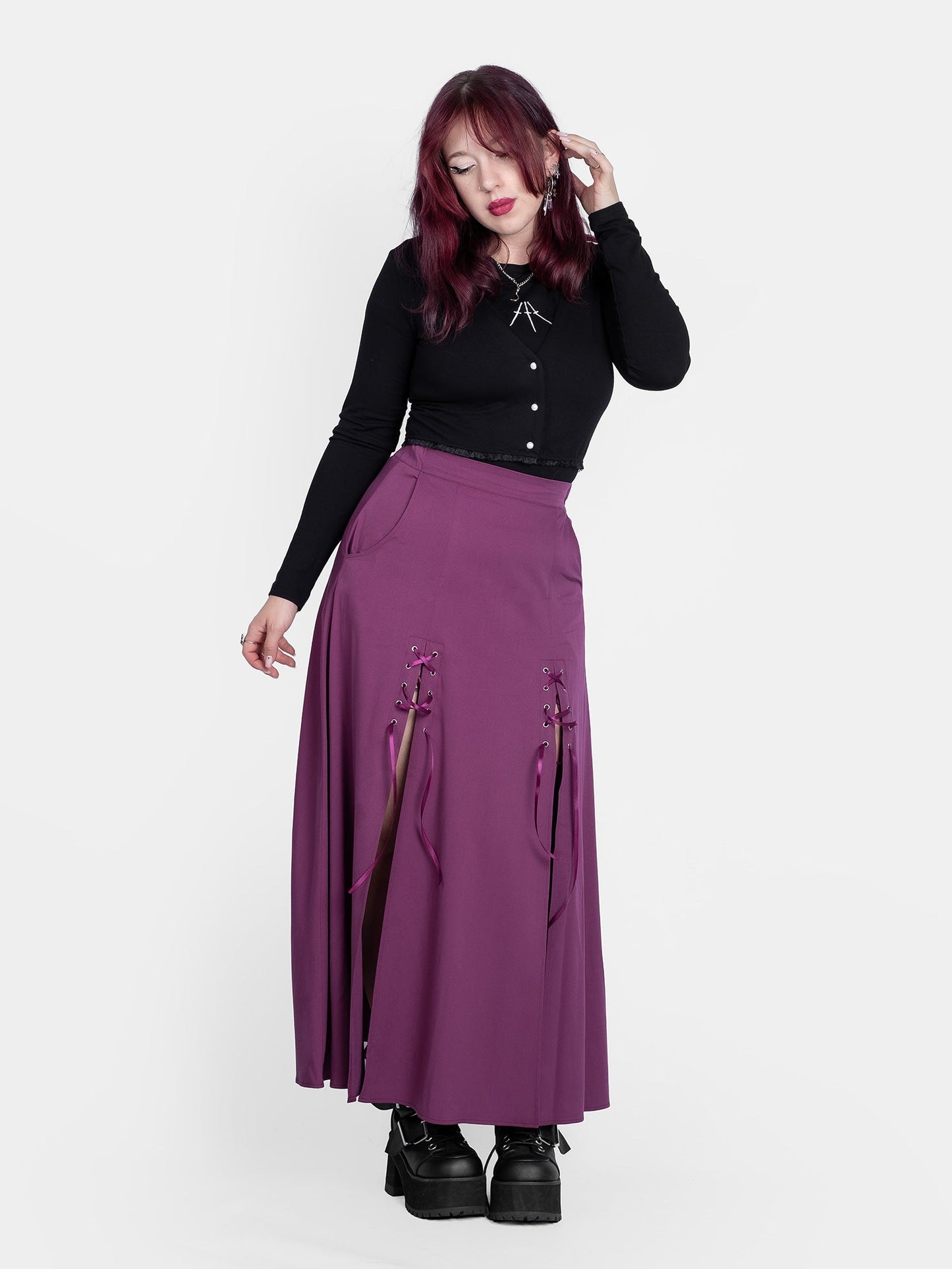 Purple Lacrimosa Lace Up Midi Skirt