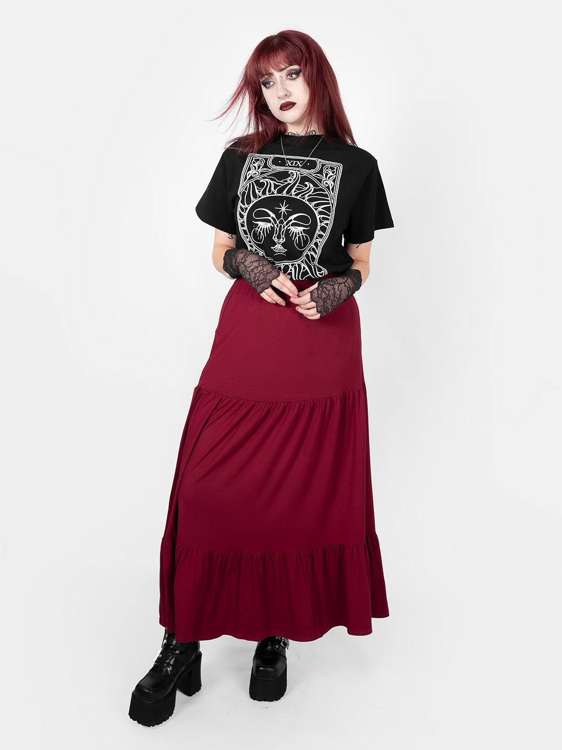 Oblivion Burgundy Ruffled Maxi Skirt