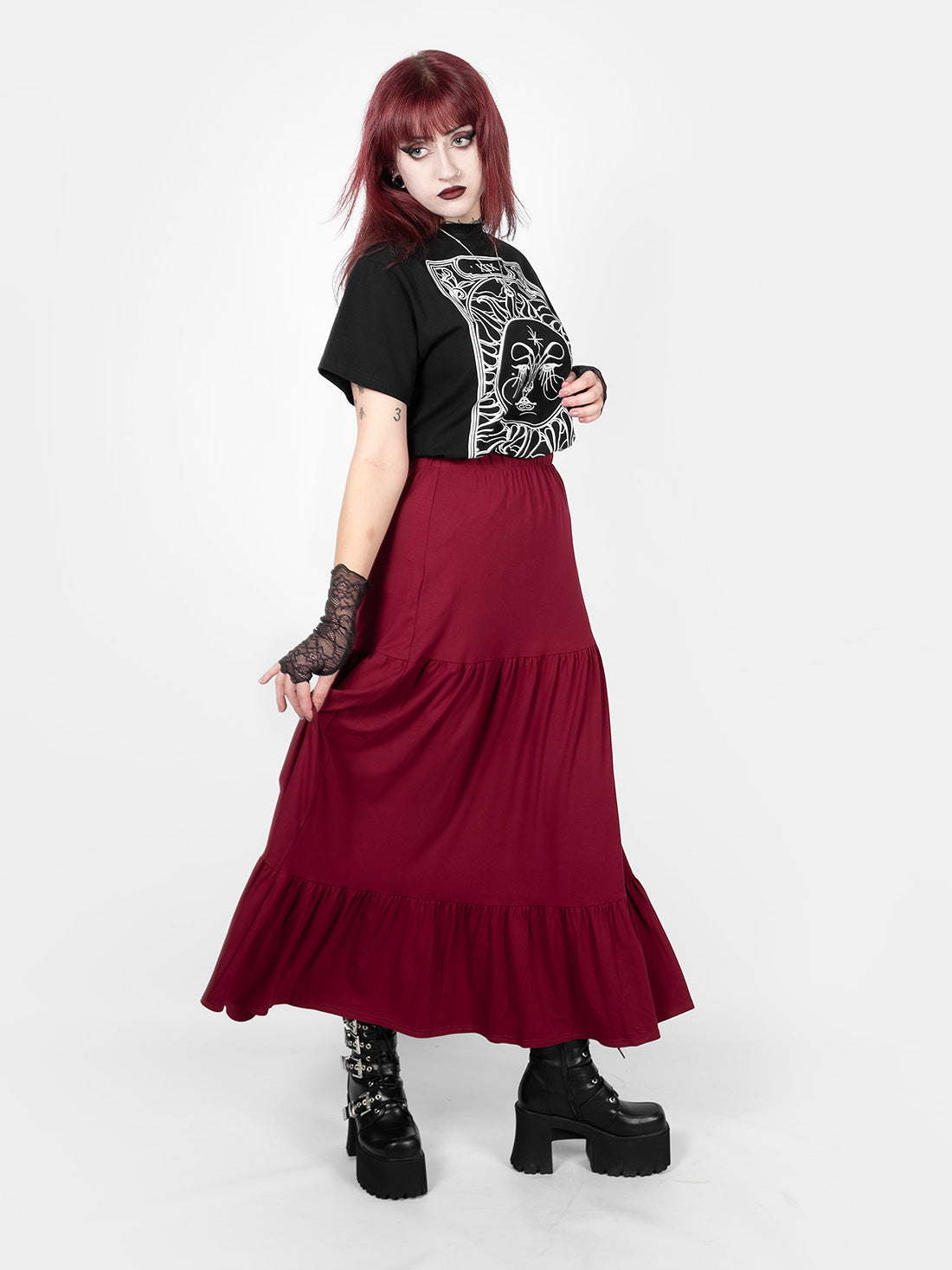 Oblivion Burgundy Ruffled Maxi Skirt
