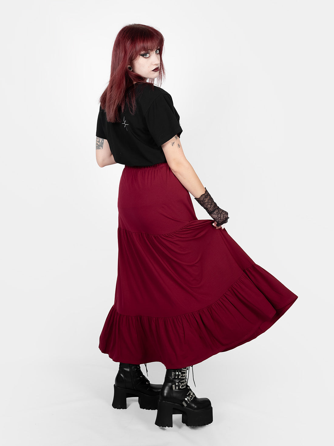 Oblivion Burgundy Ruffled Maxi Skirt