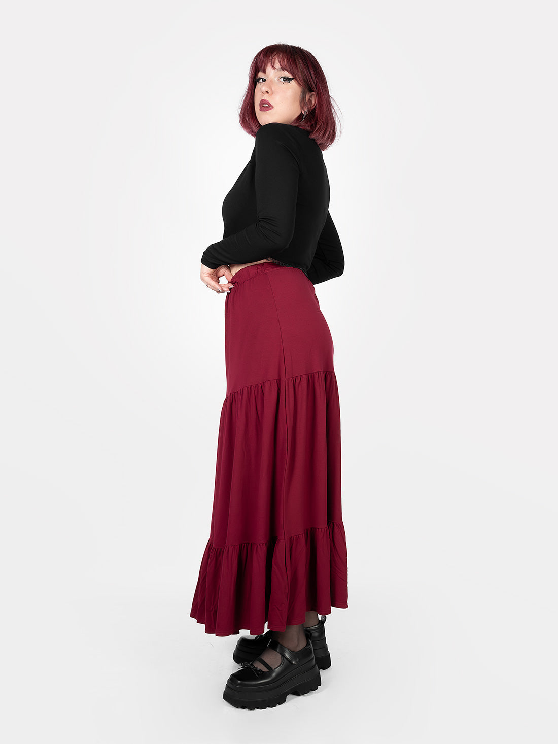 Oblivion Burgundy Ruffled Maxi Skirt