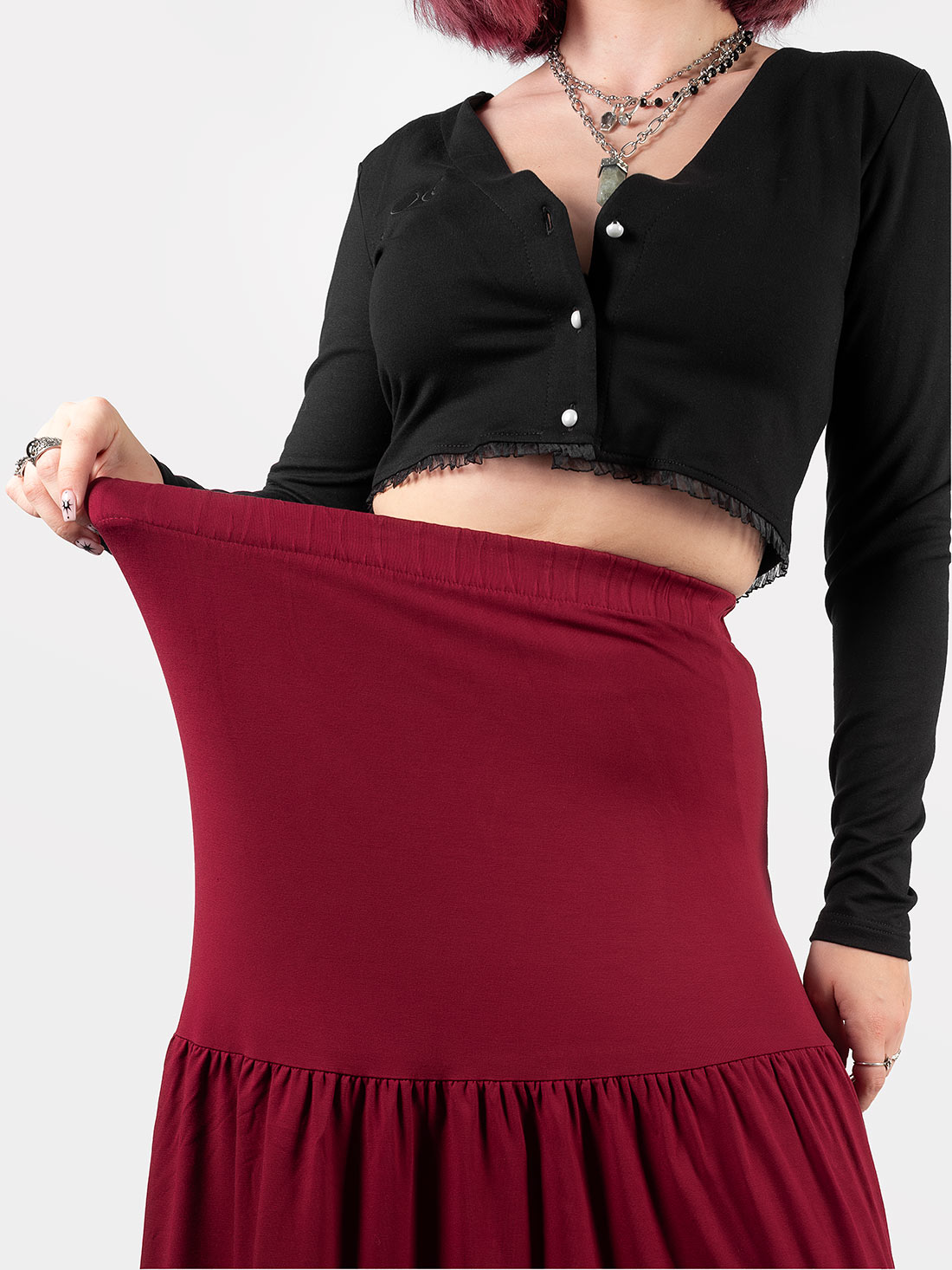 Oblivion Burgundy Ruffled Maxi Skirt