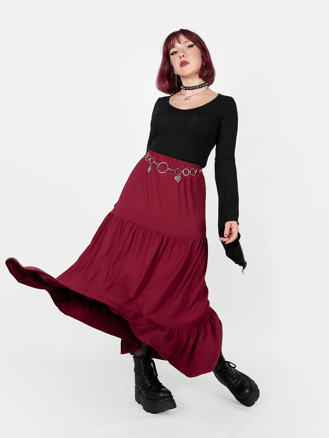 Oblivion Burgundy Ruffled Maxi Skirt
