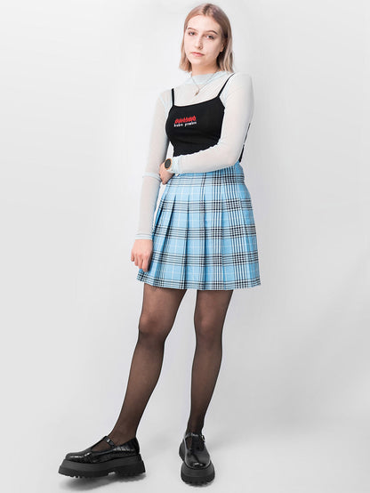 Uszyta ręcznie w Polsce, tall tennis skirt o klasycznym kroju i wysokim stanem, w niebieską kratę. Zdjęcie 2