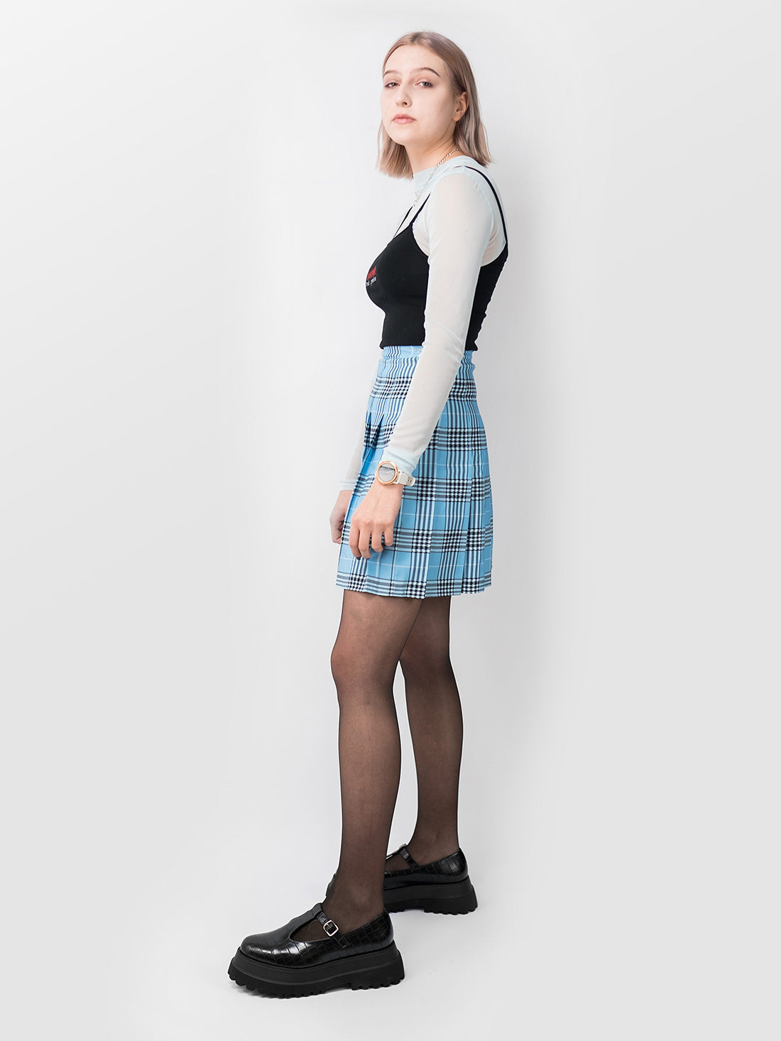 Uszyta ręcznie w Polsce, tall tennis skirt o klasycznym kroju i wysokim stanem, w niebieską kratę. Zdjęcie 6