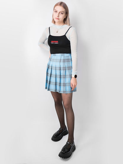 Uszyta ręcznie w Polsce, tall tennis skirt o klasycznym kroju i wysokim stanem, w niebieską kratę. Zdjęcie 7