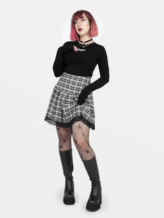Black and White Plaid Pleated Skirt With Lace
