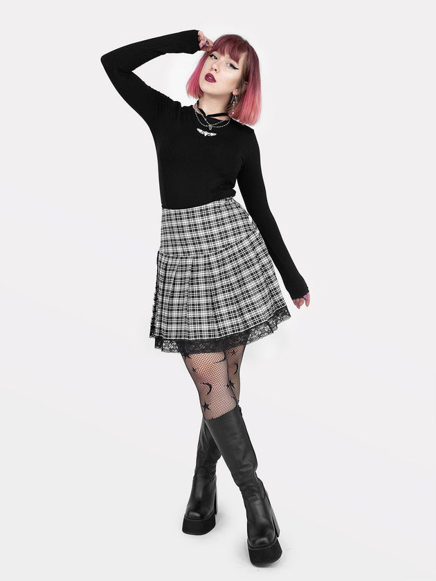 Black and White Plaid Pleated Skirt With Lace