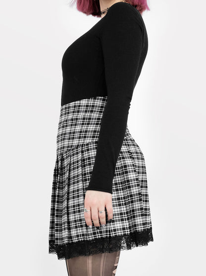 Black and White Plaid Pleated Skirt With Lace