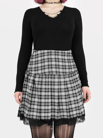 Black and White Plaid Pleated Skirt With Lace