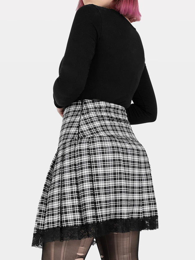 Black and White Plaid Pleated Skirt With Lace