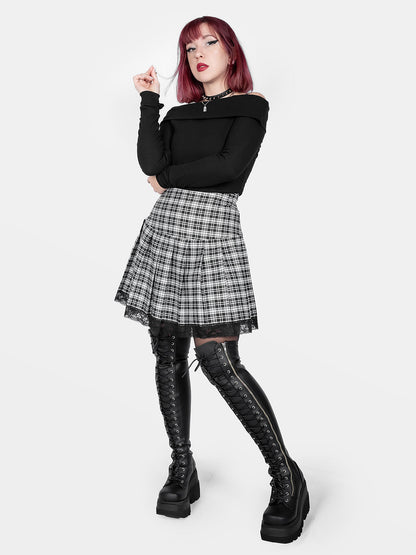 Black and White Plaid Pleated Skirt With Lace