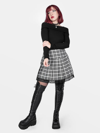 Black and White Plaid Pleated Skirt With Lace