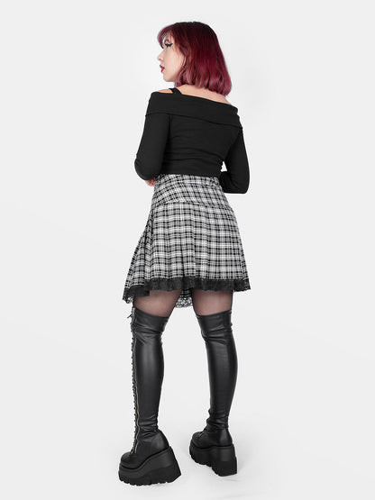 Black and White Plaid Pleated Skirt With Lace