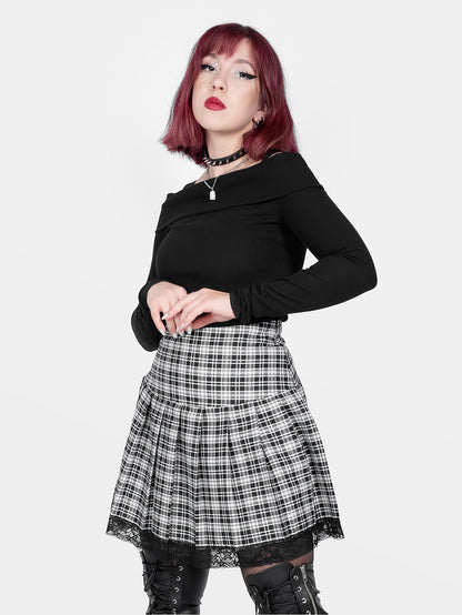 Black and White Plaid Pleated Skirt With Lace