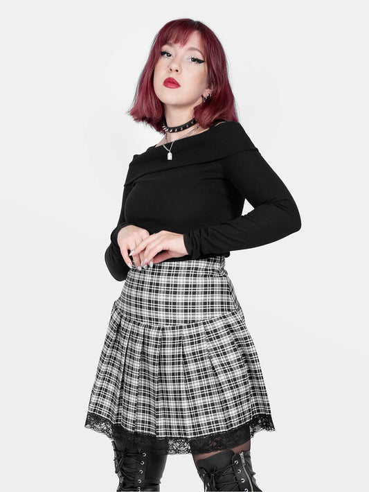 Black and White Plaid Pleated Skirt With Lace