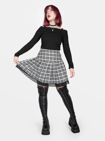 Black and White Plaid Pleated Skirt With Lace
