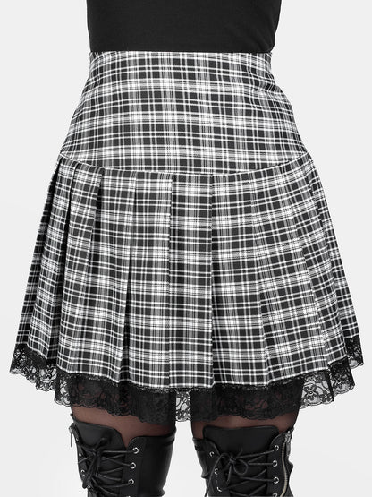 Black and White Plaid Pleated Skirt With Lace