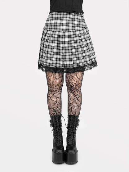 Black and White Plaid Pleated Skirt With Lace