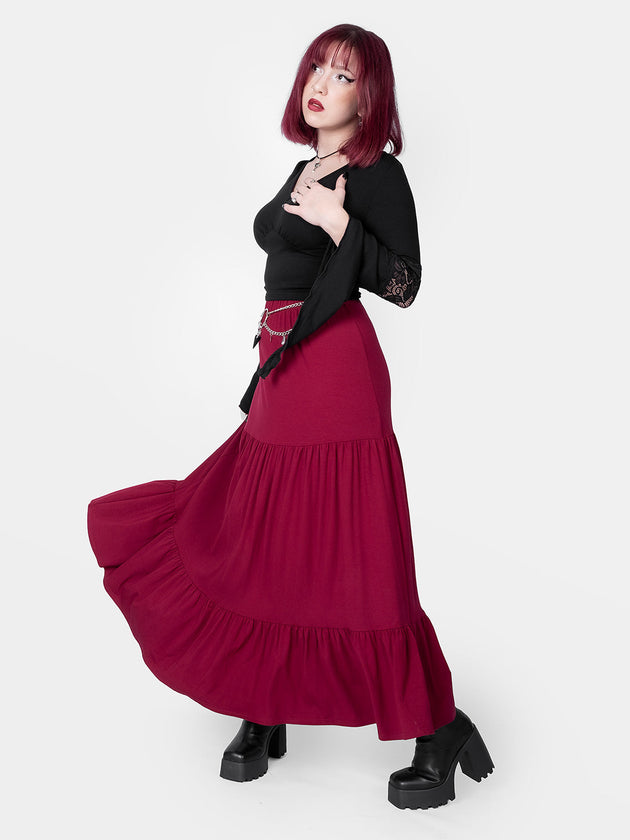 Oblivion Burgundy Ruffled Maxi Skirt