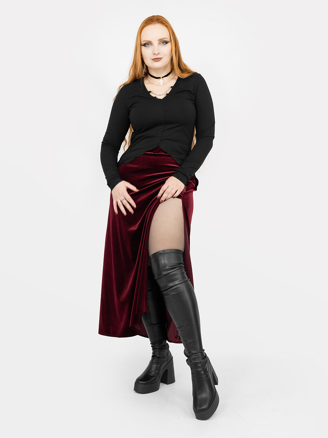 Hestia Velvet Burgundy Midaxi Skirt