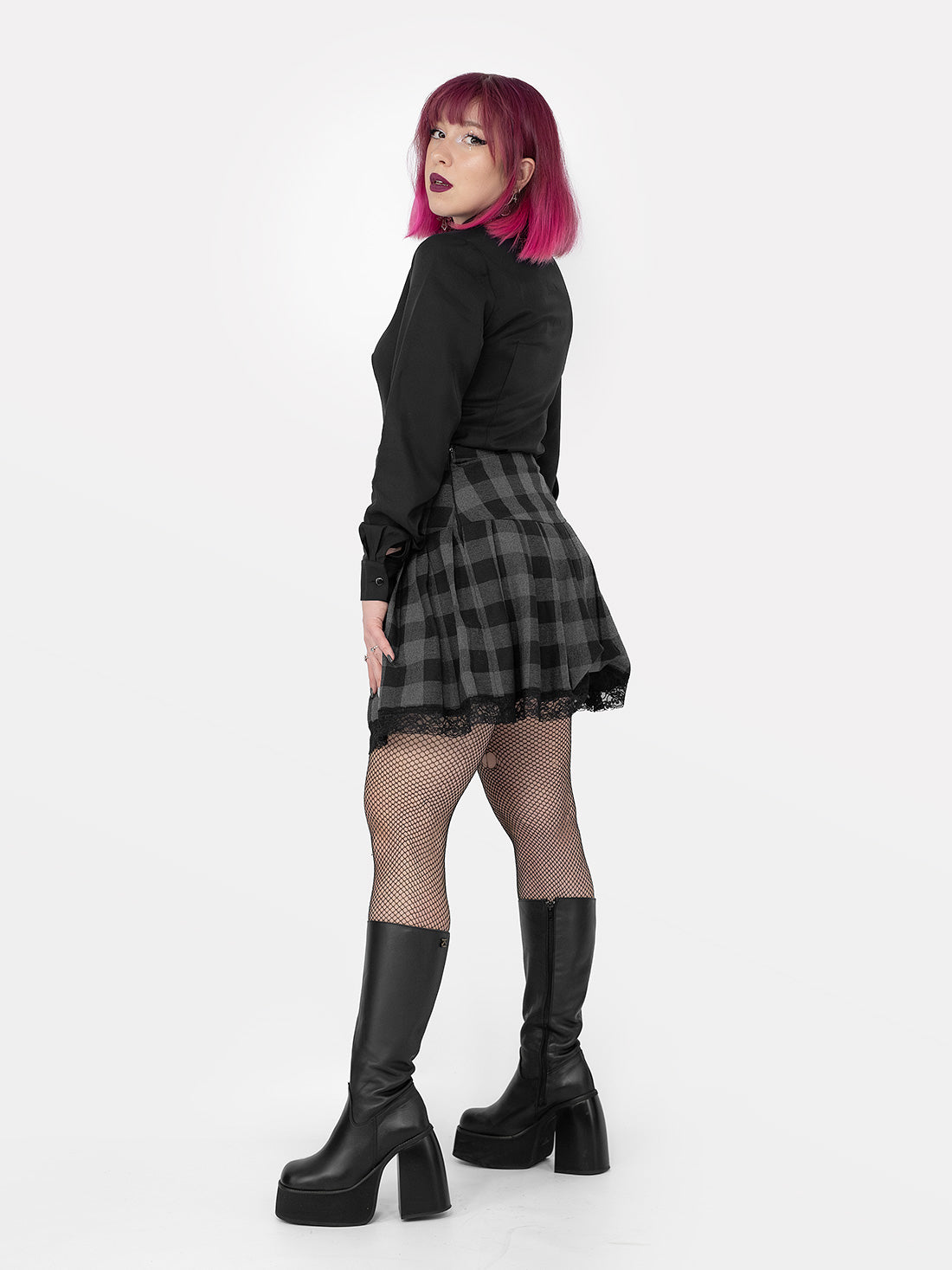 Grey Plaid Pleated Skirt With Lace