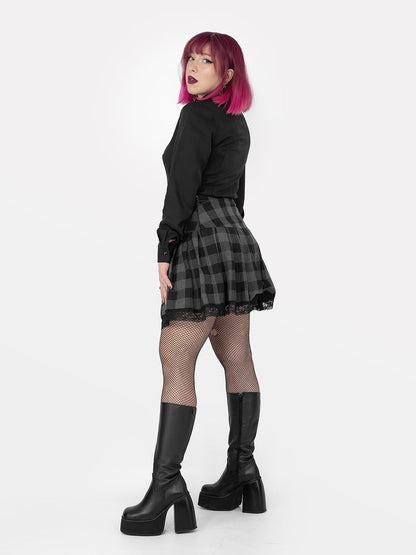 Grey Plaid Pleated Skirt With Lace