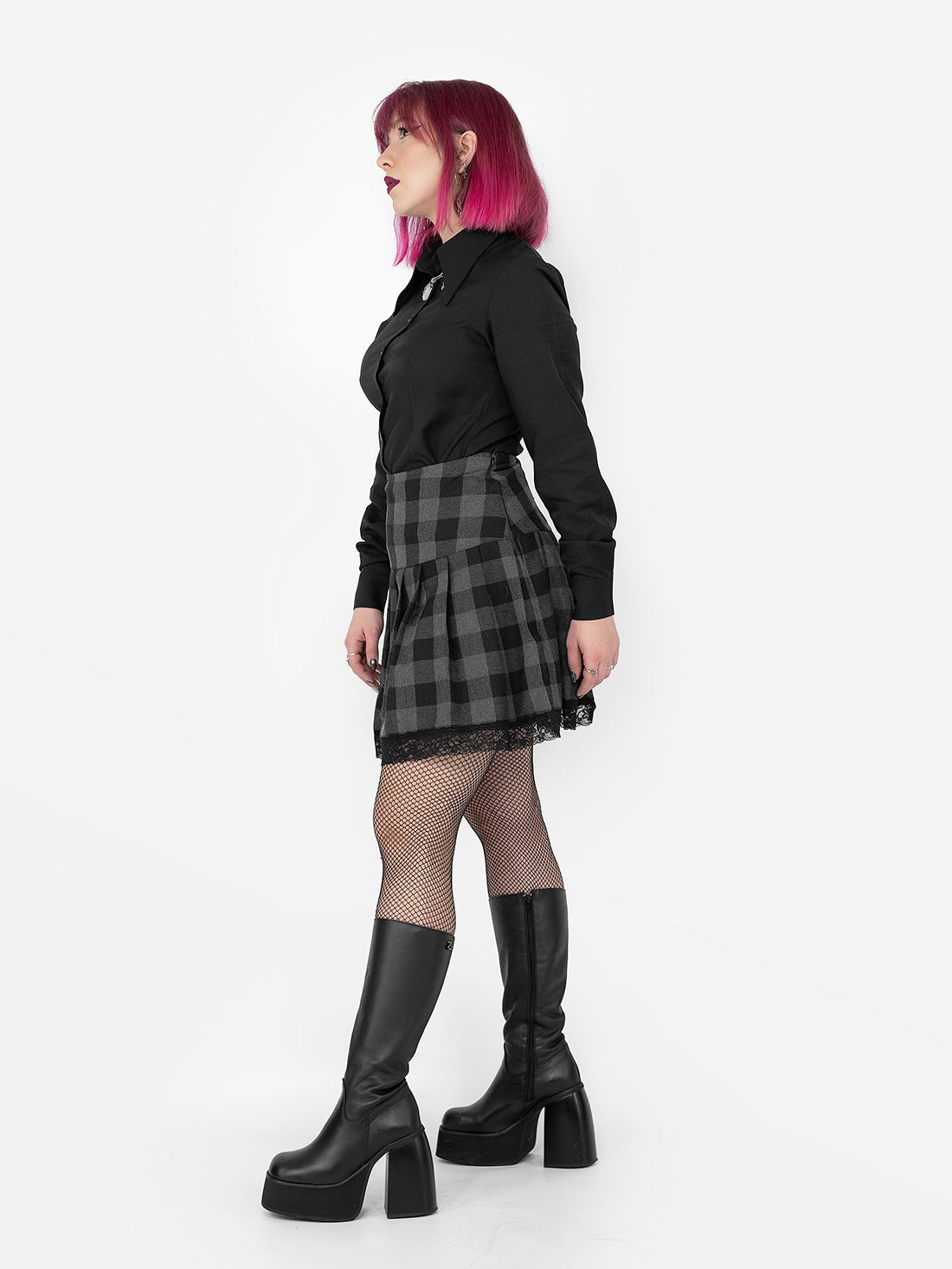 Grey Plaid Pleated Skirt With Lace