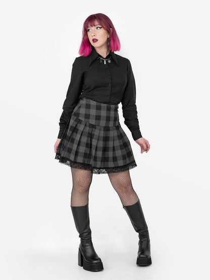 Grey Plaid Pleated Skirt With Lace