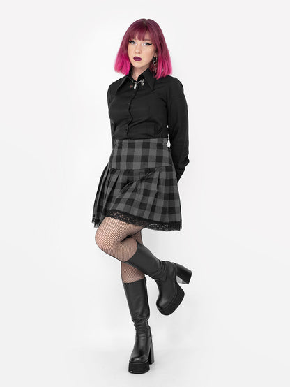 Grey Plaid Pleated Skirt With Lace